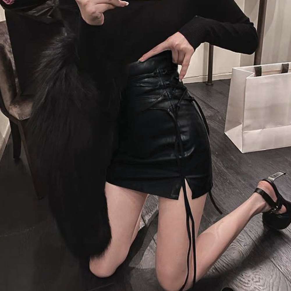 ハイウエスト レザー スカートレースアップ  