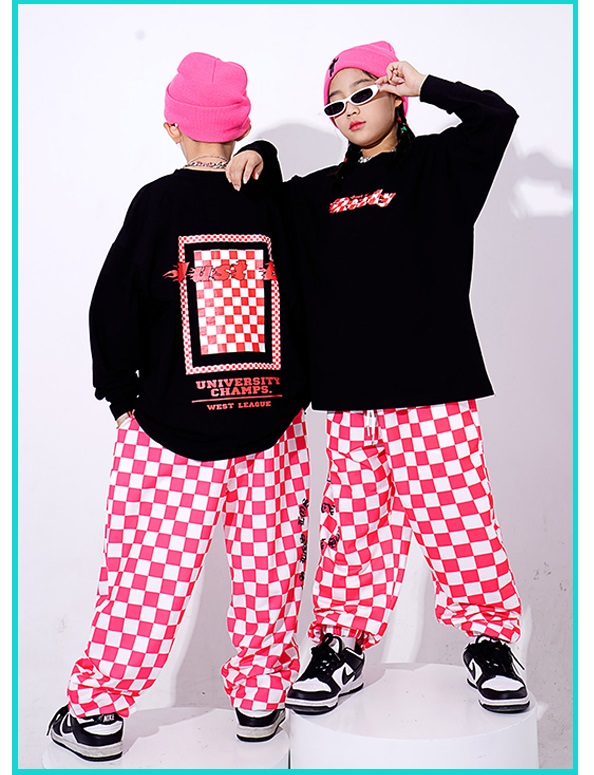 ヒップホップ ダンス衣装 キッズ セットアップ ダンスファッション 派手 K-POP ガールズ 黒 フラッグチェック パンツ 韓国 トップス 赤 男の子 