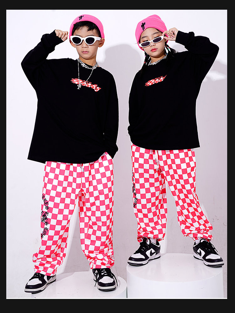 ヒップホップ ダンス衣装 キッズ セットアップ ダンスファッション 派手 K-POP ガールズ 黒 フラッグチェック パンツ 韓国 トップス 赤 男の子 