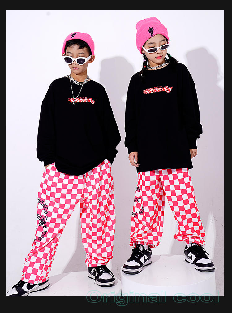 ヒップホップ ダンス衣装 キッズ セットアップ ダンスファッション 派手 K-POP ガールズ 黒 フラッグチェック パンツ 韓国 トップス 赤 男の子 