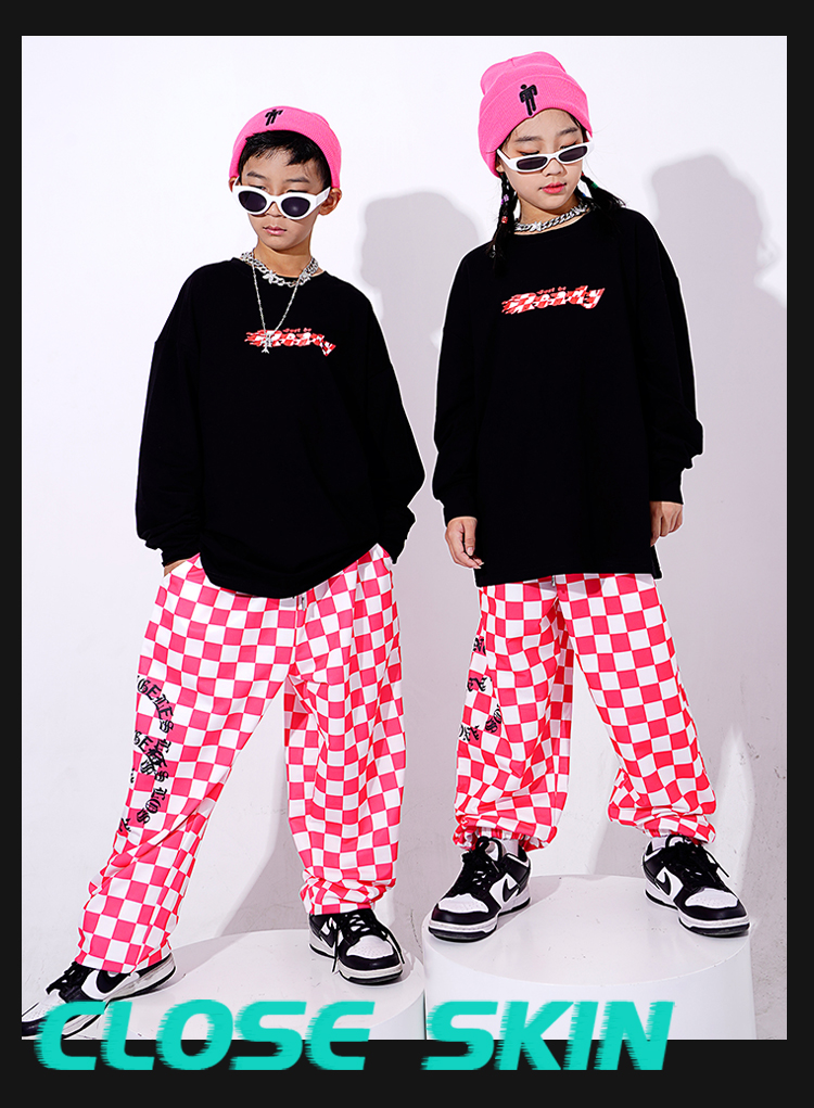 ヒップホップ ダンス衣装 キッズ セットアップ ダンスファッション 派手 K-POP ガールズ 黒 フラッグチェック パンツ 韓国 トップス 赤 男の子 