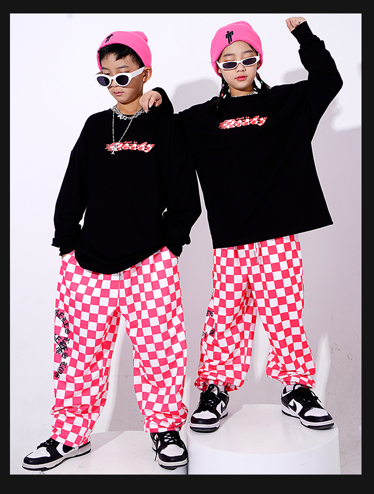 ヒップホップ ダンス衣装 キッズ セットアップ ダンスファッション 派手 K-POP ガールズ 黒 フラッグチェック パンツ 韓国 トップス 赤 男の子 