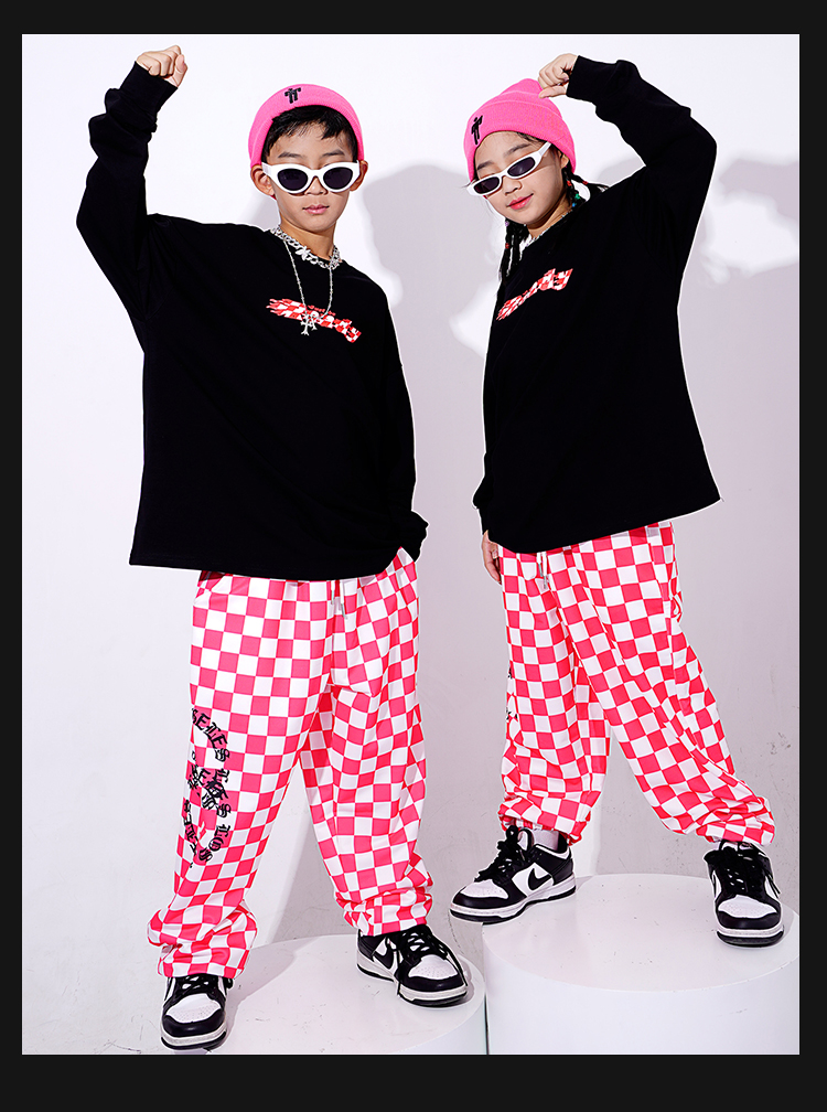 ヒップホップ ダンス衣装 キッズ セットアップ ダンスファッション 派手 K-POP ガールズ 黒 フラッグチェック パンツ 韓国 トップス 赤 男の子 