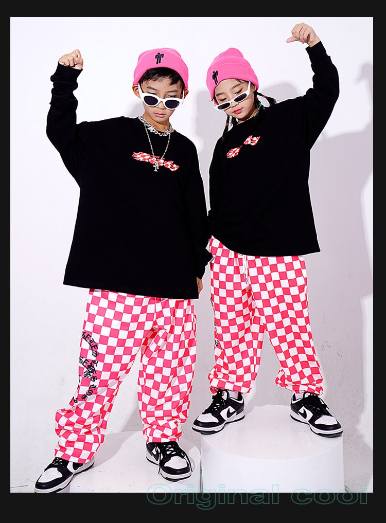 ヒップホップ ダンス衣装 キッズ セットアップ ダンスファッション 派手 K-POP ガールズ 黒 フラッグチェック パンツ 韓国 トップス 赤 男の子 