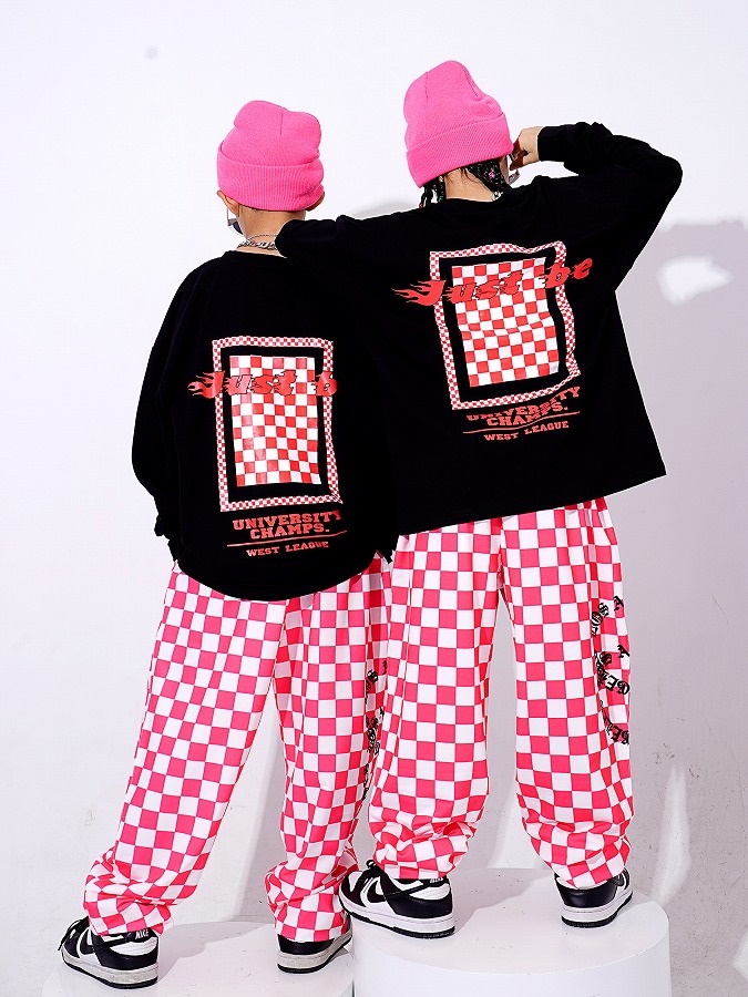 ヒップホップ ダンス衣装 キッズ セットアップ ダンスファッション 派手 K-POP ガールズ 黒 フラッグチェック パンツ 韓国 トップス 赤 男の子 