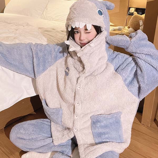 もこもこパジャマ レディース サメ柄 冬 かわいい 上下ゼット 前開き 韓国 寝間着 部屋着 ふわふわ ルームウェア 長袖 フード付き プレゼント 