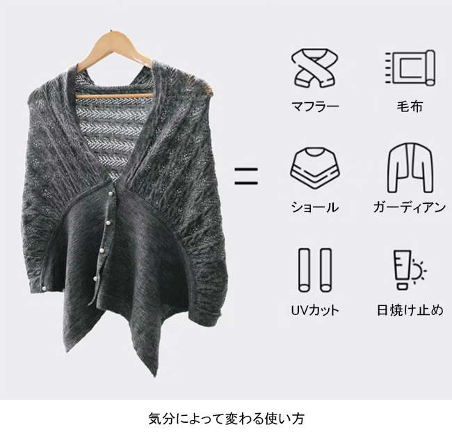 送料無料 カーディガン レディース ニット ポンチョ ボレロ マント UV 羽織り ショール 無地 ボタン ひざ掛け エレ ストール フェイクカシパール 