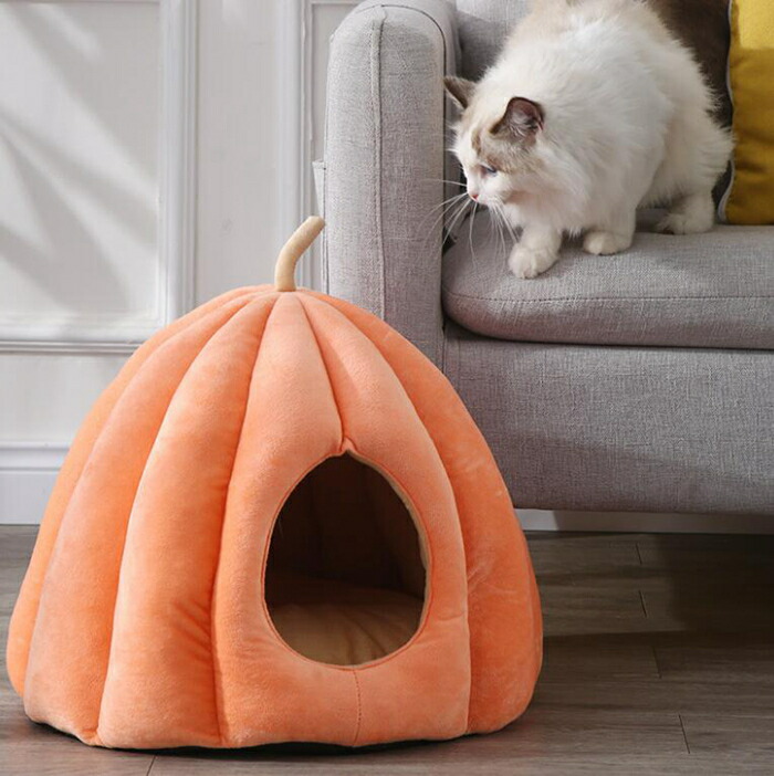 猫ハウス ペットベッド ペットハウス ドームハウス ドーム型 カボチャ ペット寝袋 洗える もこもこ 半密閉式 快適 クッション付き ペットテント ぐっすり眠れる 