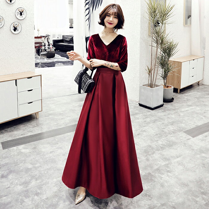 カラードレス パーティードレス 演奏会 発表会 イブニングドレス フォーマル コンサート カクテルドレス Vネック ワインレッド 5分袖 コンクール 