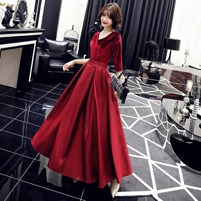 カラードレス パーティードレス 演奏会 発表会 イブニングドレス フォーマル コンサート カクテルドレス Vネック ワインレッド 5分袖 コンクール 