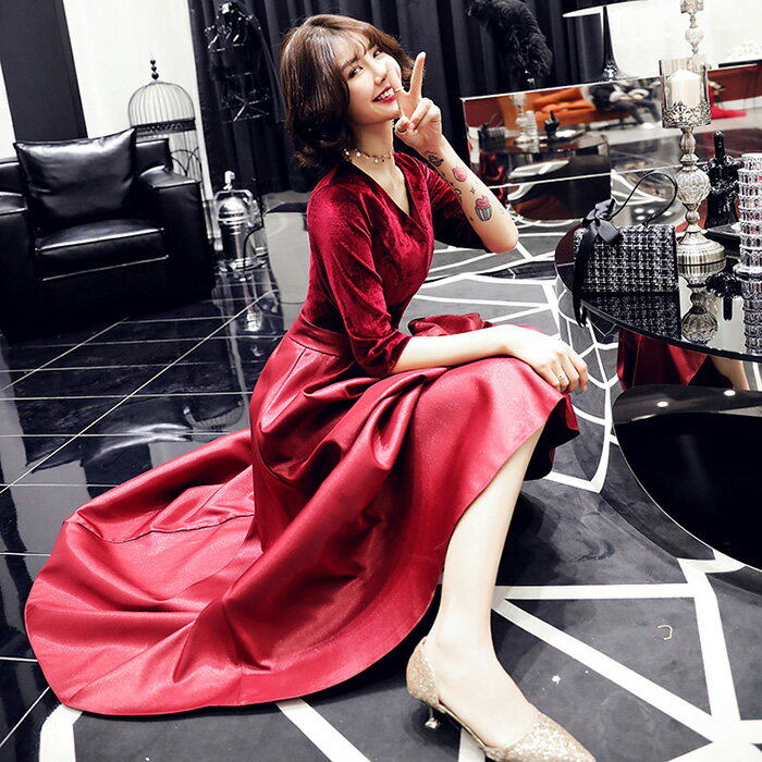 カラードレス パーティードレス 演奏会 発表会 イブニングドレス フォーマル コンサート カクテルドレス Vネック ワインレッド 5分袖 コンクール 