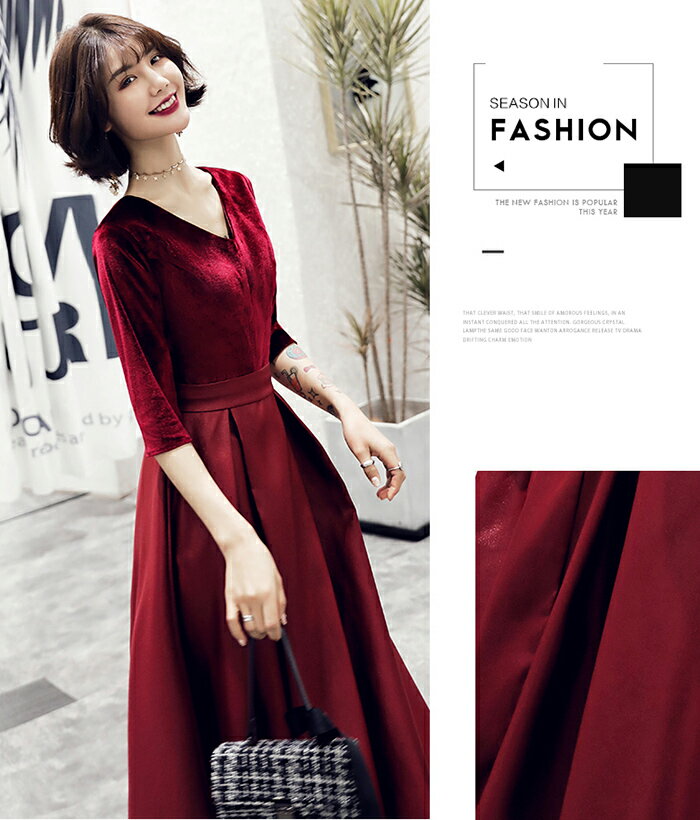 カラードレス パーティードレス 演奏会 発表会 イブニングドレス フォーマル コンサート カクテルドレス Vネック ワインレッド 5分袖 コンクール 