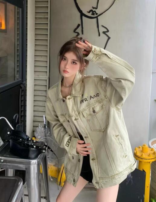 バックプリント ロゴ 英文字 デニム ジャケット ジージャン 韓国 ダンス衣装 Y2K レディース 原宿系 HIPHOP ストリート オルチャン 