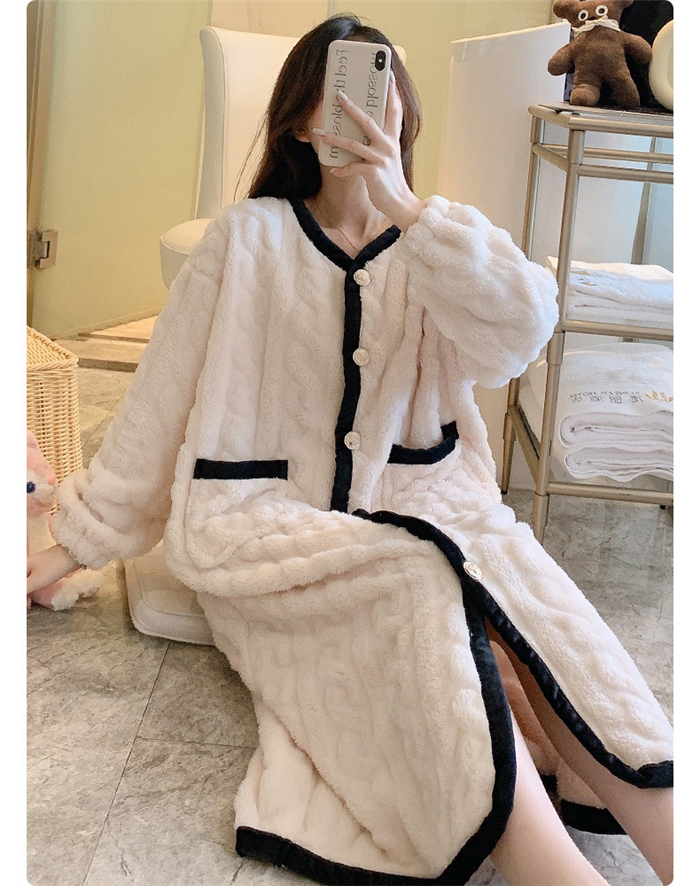 パジャマ ルームワンピース レディース ワンピース ミモレ丈 長袖 もこもこ ふんわり ルームウェア 前開き ゆったり かわいい パジャマ 部屋着 秋冬 ロング丈 