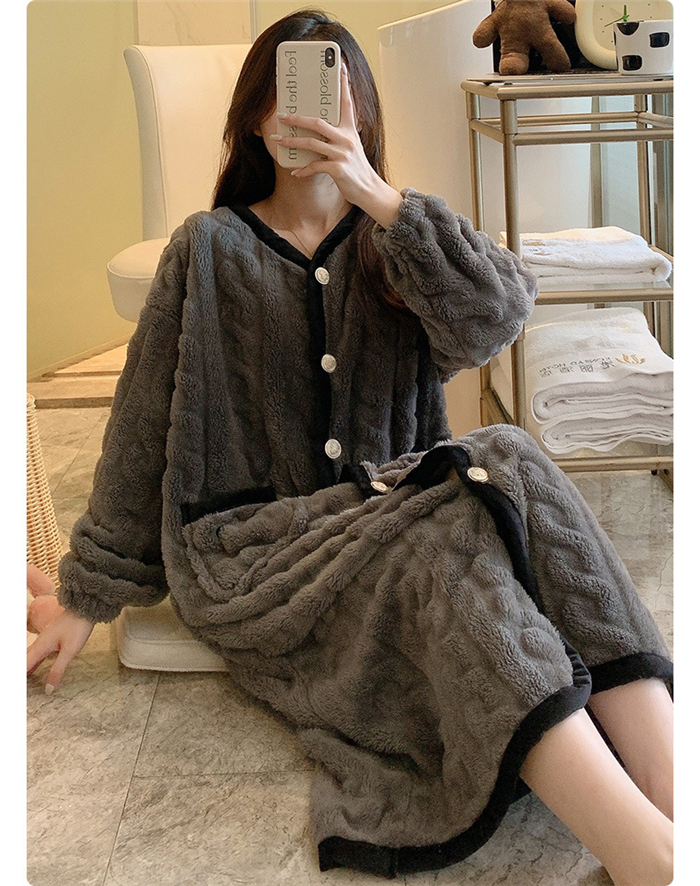 パジャマ ルームワンピース レディース ワンピース ミモレ丈 長袖 もこもこ ふんわり ルームウェア 前開き ゆったり かわいい パジャマ 部屋着 秋冬 ロング丈 