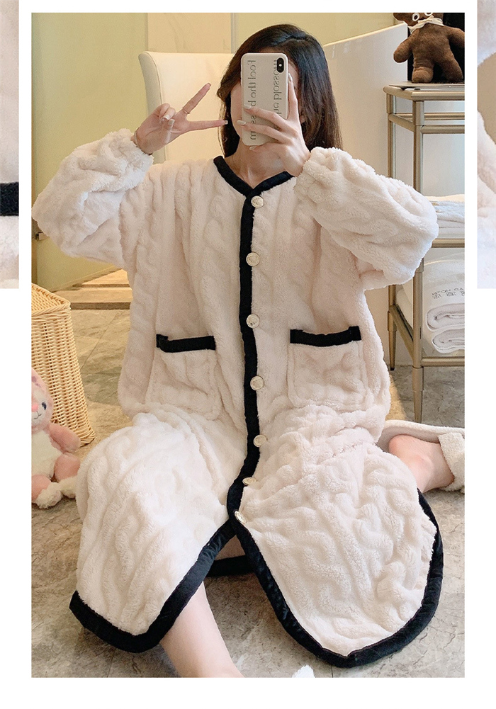 パジャマ ルームワンピース レディース ワンピース ミモレ丈 長袖 もこもこ ふんわり ルームウェア 前開き ゆったり かわいい パジャマ 部屋着 秋冬 ロング丈 