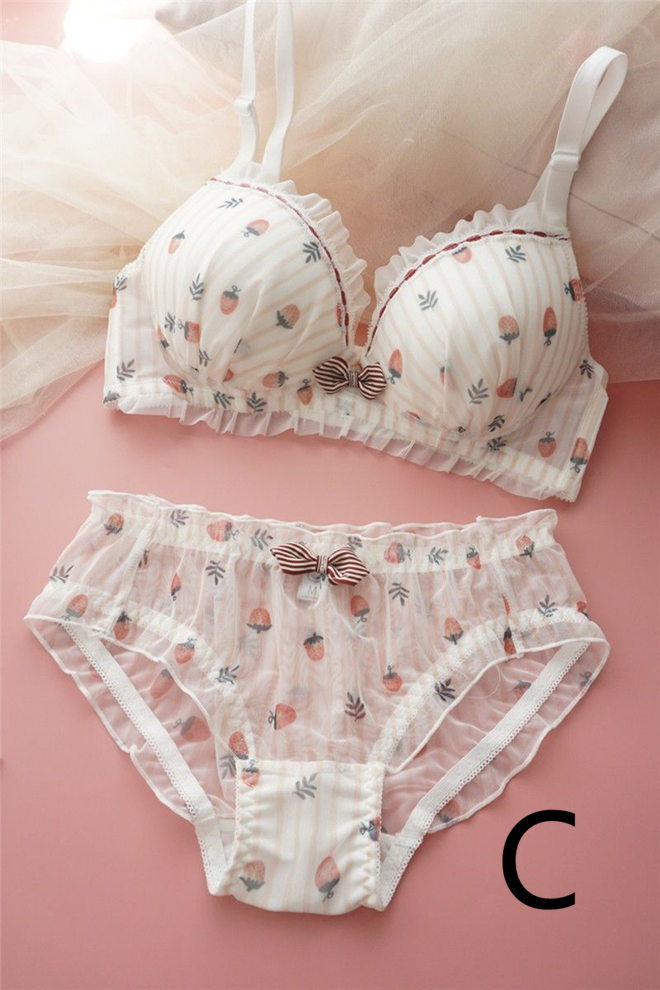 お取り寄せ商品 ブラジャーセット レディース アンダーバスト63CM-93CM 3種類 可愛い イチゴ ローウエスト ノンワイヤー 3 リボンブラ 4カップブラジャー 