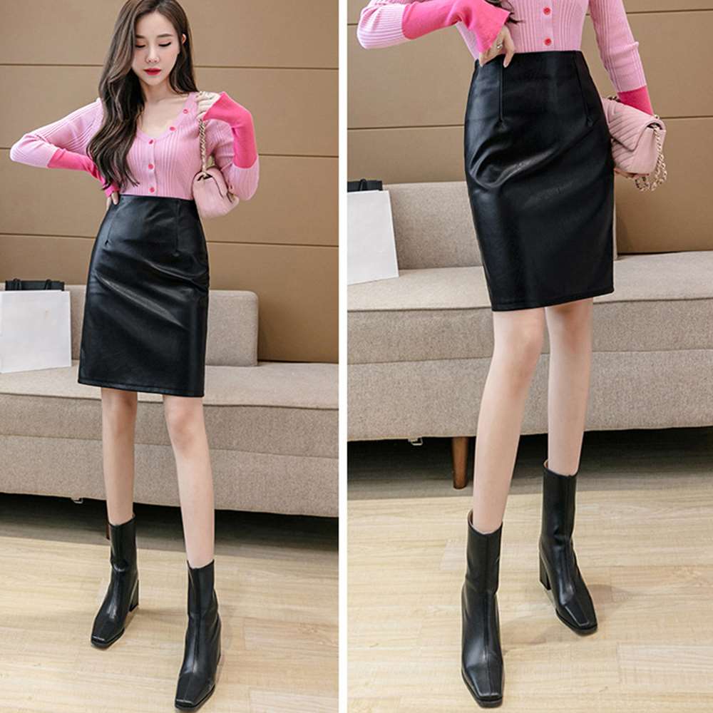 フェイクレザー スカート 膝丈 バックスリット  