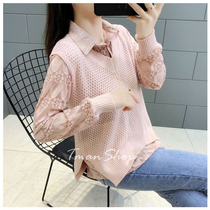 シャツブラウス レデイース トップス ニットべスト Vネック レースシャツ 透かし彫り 大きいサイズ ス 秋冬 着痩せ 送料無料 通勤OL 無地 