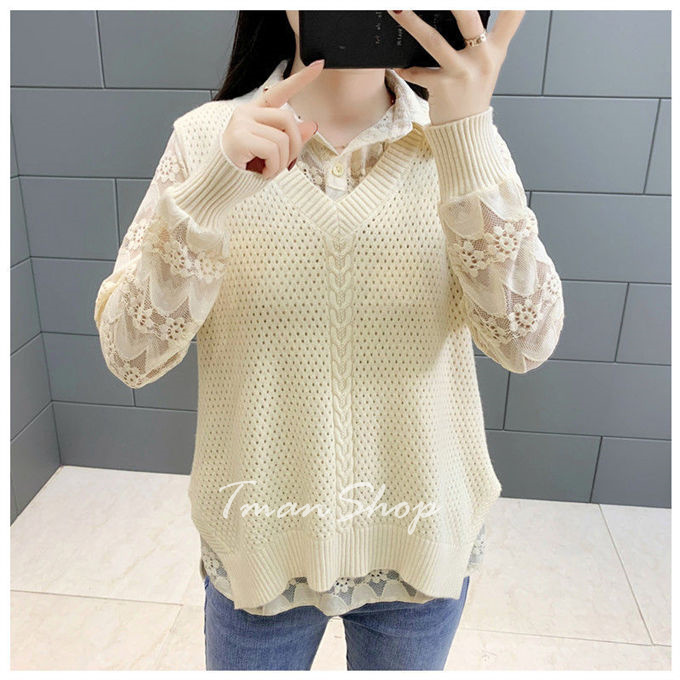 シャツブラウス レデイース トップス ニットべスト Vネック レースシャツ 透かし彫り 大きいサイズ ス 秋冬 着痩せ 送料無料 通勤OL 無地 
