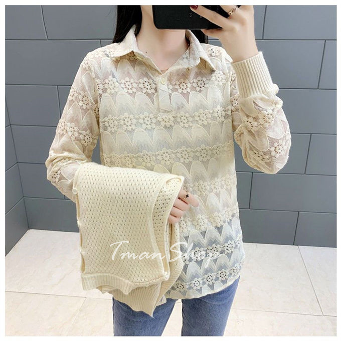 シャツブラウス レデイース トップス ニットべスト Vネック レースシャツ 透かし彫り 大きいサイズ ス 秋冬 着痩せ 送料無料 通勤OL 無地 