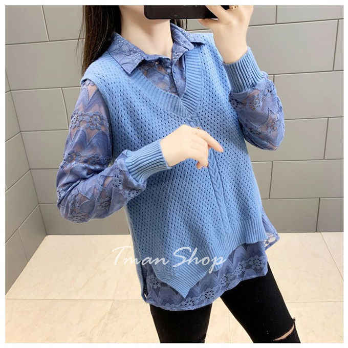 シャツブラウス レデイース トップス ニットべスト Vネック レースシャツ 透かし彫り 大きいサイズ ス 秋冬 着痩せ 送料無料 通勤OL 無地 