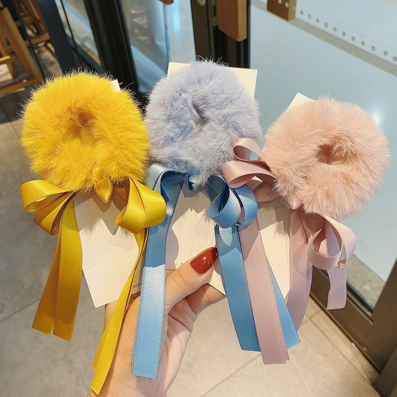 ヘアゴム ダブルサテンリボンフェイクファーシュシュ 新発売セール  