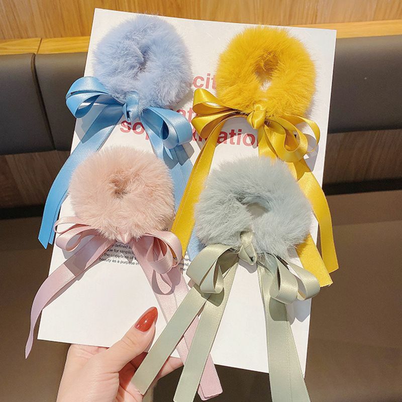 ヘアゴム ダブルサテンリボンフェイクファーシュシュ 新発売セール  