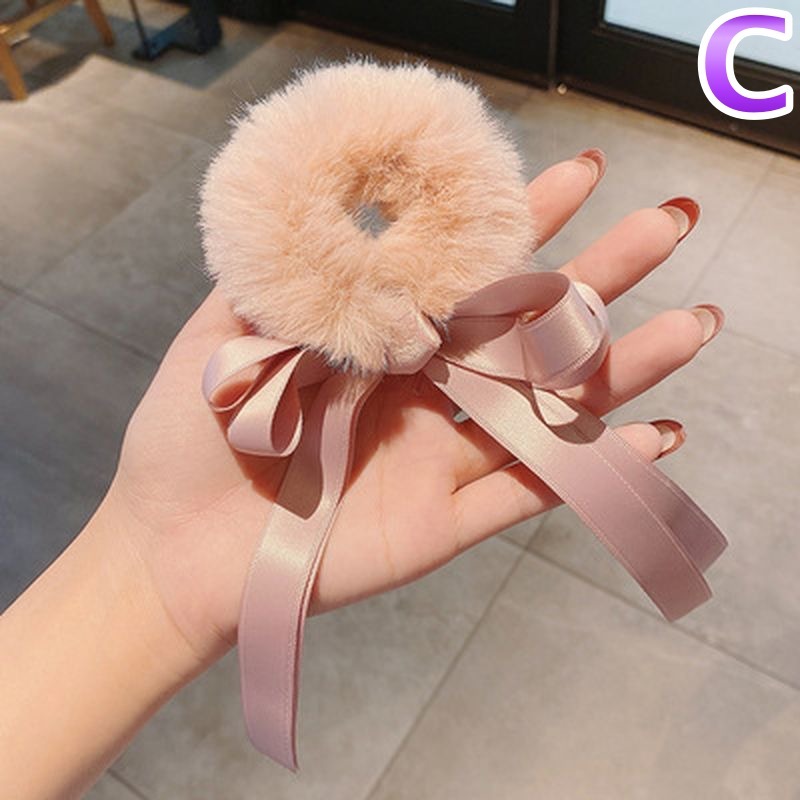 ヘアゴム ダブルサテンリボンフェイクファーシュシュ 新発売セール  