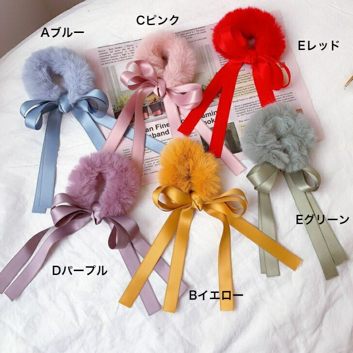 ヘアゴム ダブルサテンリボンフェイクファーシュシュ 新発売セール  