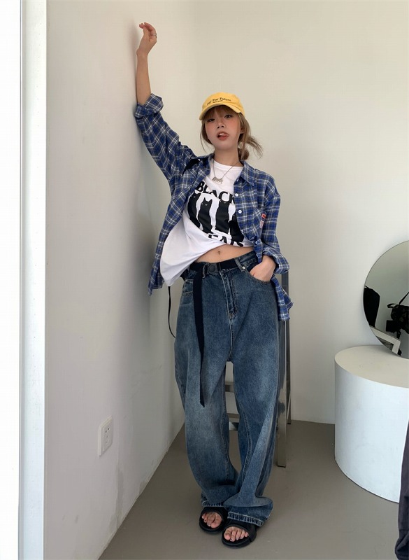 ベルト付き デニム パンツ ジーンズ 韓国 ストリート K-POP HIPHOP ダンス衣装 レディース Y2K 原宿系 