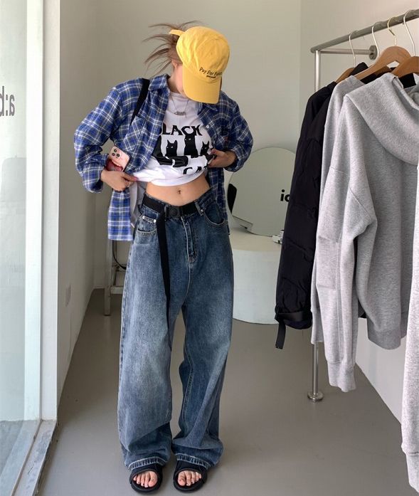 ベルト付き デニム パンツ ジーンズ 韓国 ストリート K-POP HIPHOP ダンス衣装 レディース Y2K 原宿系 