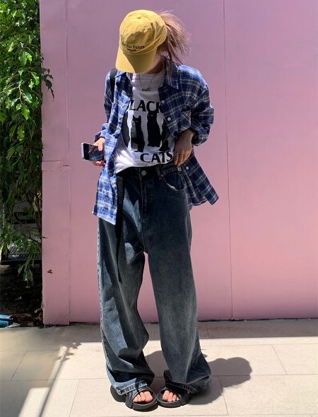 ベルト付き デニム パンツ ジーンズ 韓国 ストリート K-POP HIPHOP ダンス衣装 レディース Y2K 原宿系 