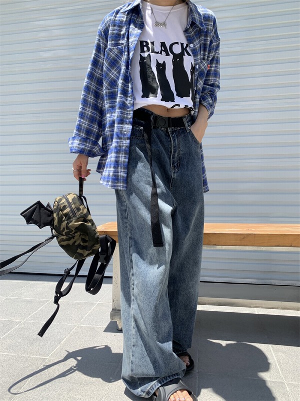 ベルト付き デニム パンツ ジーンズ 韓国 ストリート K-POP HIPHOP ダンス衣装 レディース Y2K 原宿系 