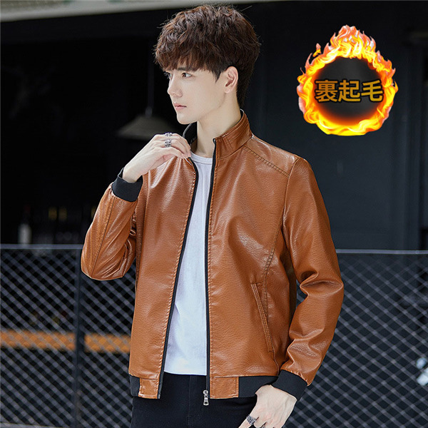 ライダースジャケット メンズ レザージャケット バイク用 革ジャン 立ち襟 無地 ジップアップ 裏起毛 秋冬服 あたたっか 保温 暖かいコート 
