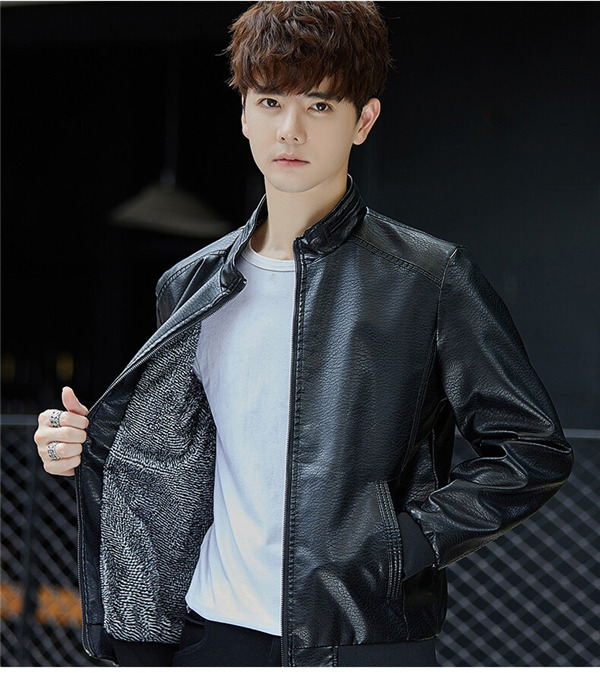 ライダースジャケット メンズ レザージャケット バイク用 革ジャン 立ち襟 無地 ジップアップ 裏起毛 秋冬服 あたたっか 保温 暖かいコート 