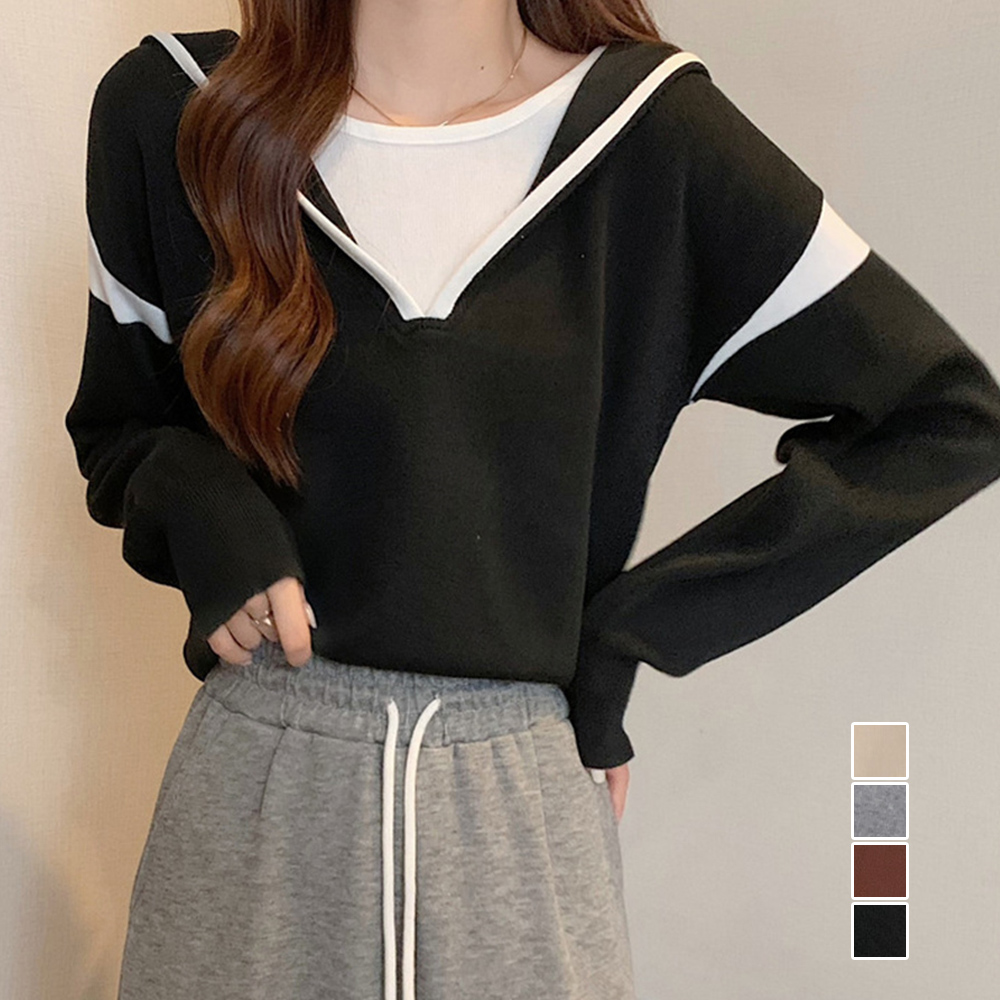 フード付きニットトップス レイヤード風 。可  