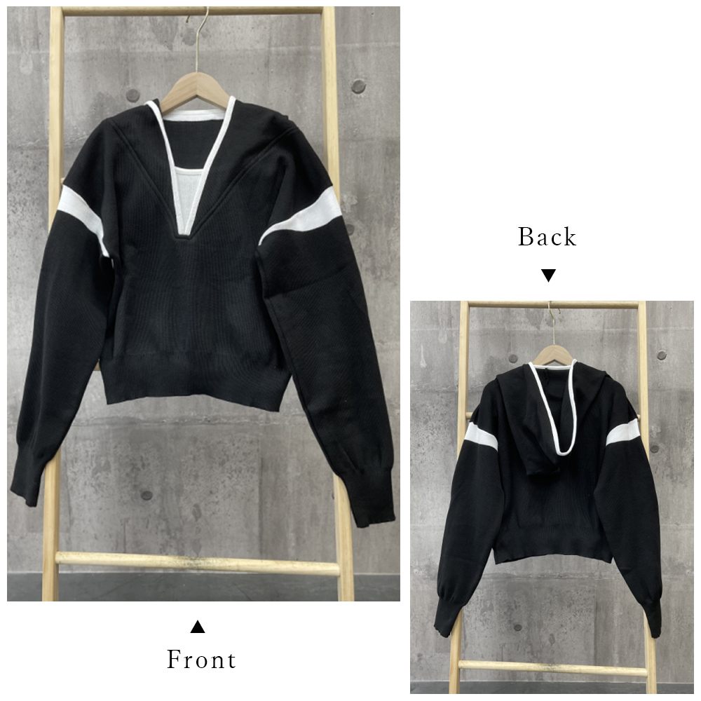 フード付きニットトップス レイヤード風 。可  