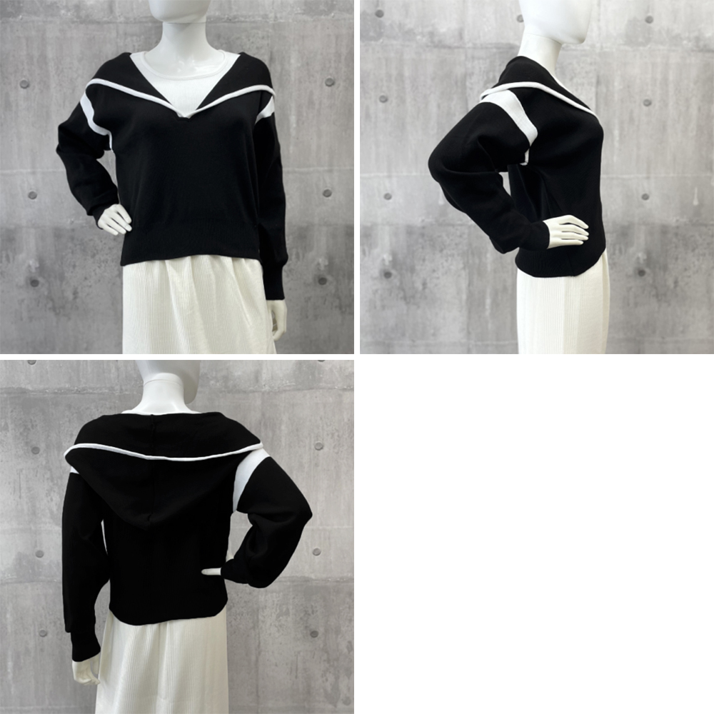 フード付きニットトップス レイヤード風 。可  