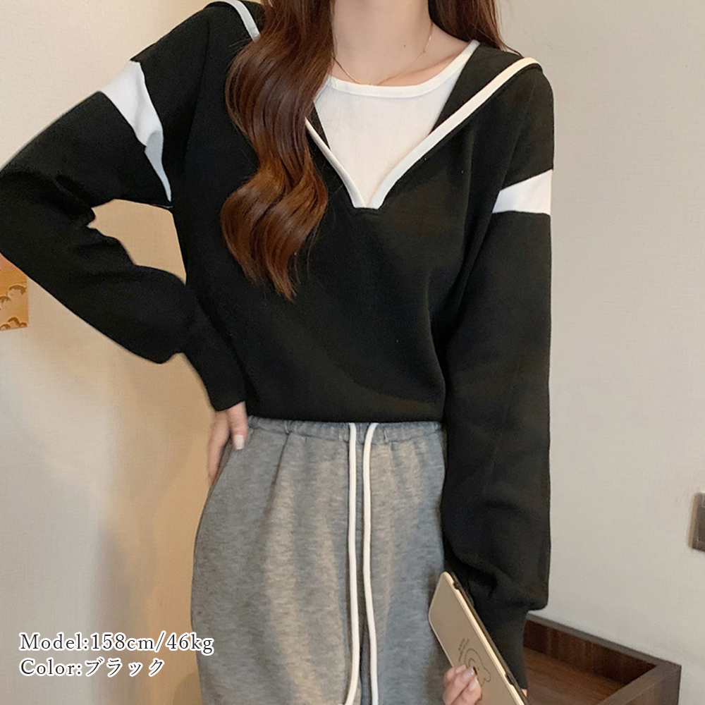 フード付きニットトップス レイヤード風 。可  