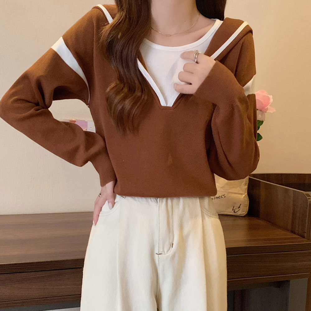 フード付きニットトップス レイヤード風 。可  