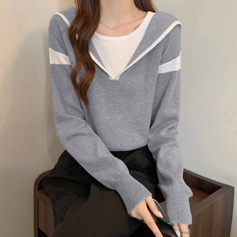 フード付きニットトップス レイヤード風 。可  