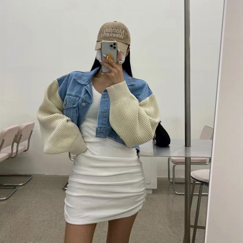 ニット 切替 ショート丈 デニム ジャケット ジージャン オルチャン 原宿系 韓国 ダンス衣装 ストリート HIPHOP レディース Y2K 