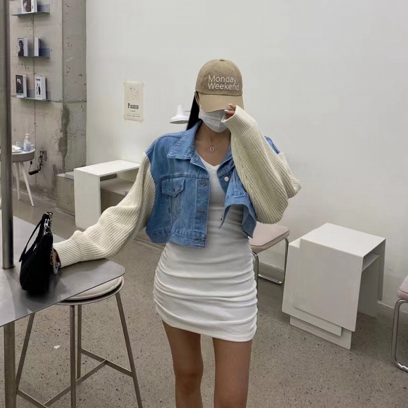 ニット 切替 ショート丈 デニム ジャケット ジージャン オルチャン 原宿系 韓国 ダンス衣装 ストリート HIPHOP レディース Y2K 