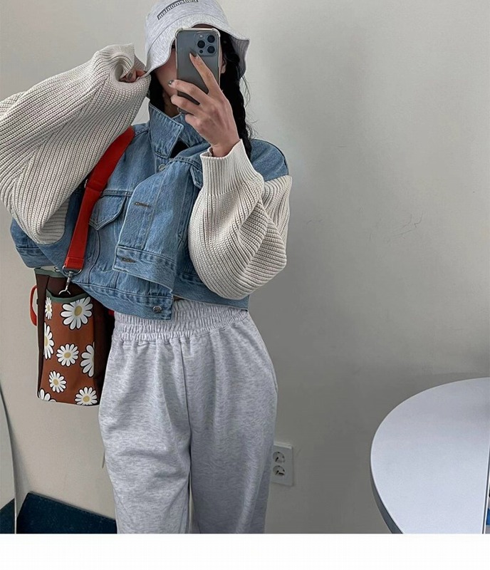 ニット 切替 ショート丈 デニム ジャケット ジージャン オルチャン 原宿系 韓国 ダンス衣装 ストリート HIPHOP レディース Y2K 