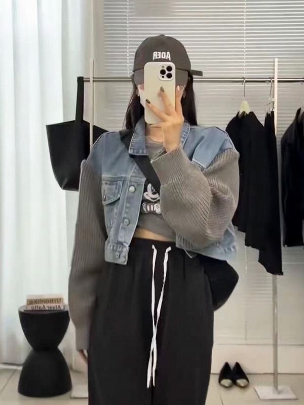 ニット 切替 ショート丈 デニム ジャケット ジージャン オルチャン 原宿系 韓国 ダンス衣装 ストリート HIPHOP レディース Y2K 