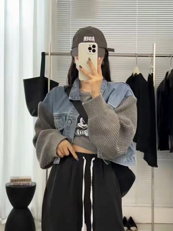 ニット 切替 ショート丈 デニム ジャケット ジージャン オルチャン 原宿系 韓国 ダンス衣装 ストリート HIPHOP レディース Y2K 