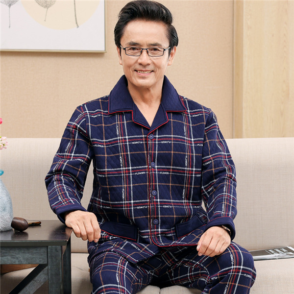 厚手 ルームウェア パジャマ メンズ チェック柄 キルトパジャマ 秋冬 襟付き 保温 寝間着 上下セット セットアップ 部屋着 前開き 長袖長ズボン 