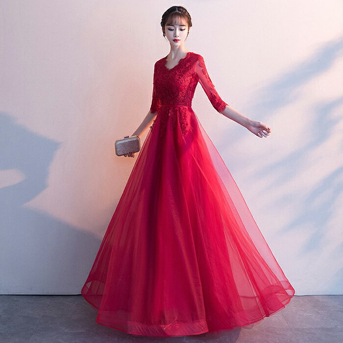 カラードレス パーティードレス 演奏会 発表会 イブニングドレス フォーマルドレス ファスナー コンサート Vネック レッド 袖あり カクテルドレス コンクール 
