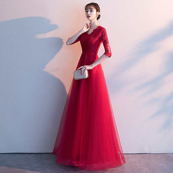 カラードレス パーティードレス 演奏会 発表会 イブニングドレス フォーマルドレス ファスナー コンサート Vネック レッド 袖あり カクテルドレス コンクール 